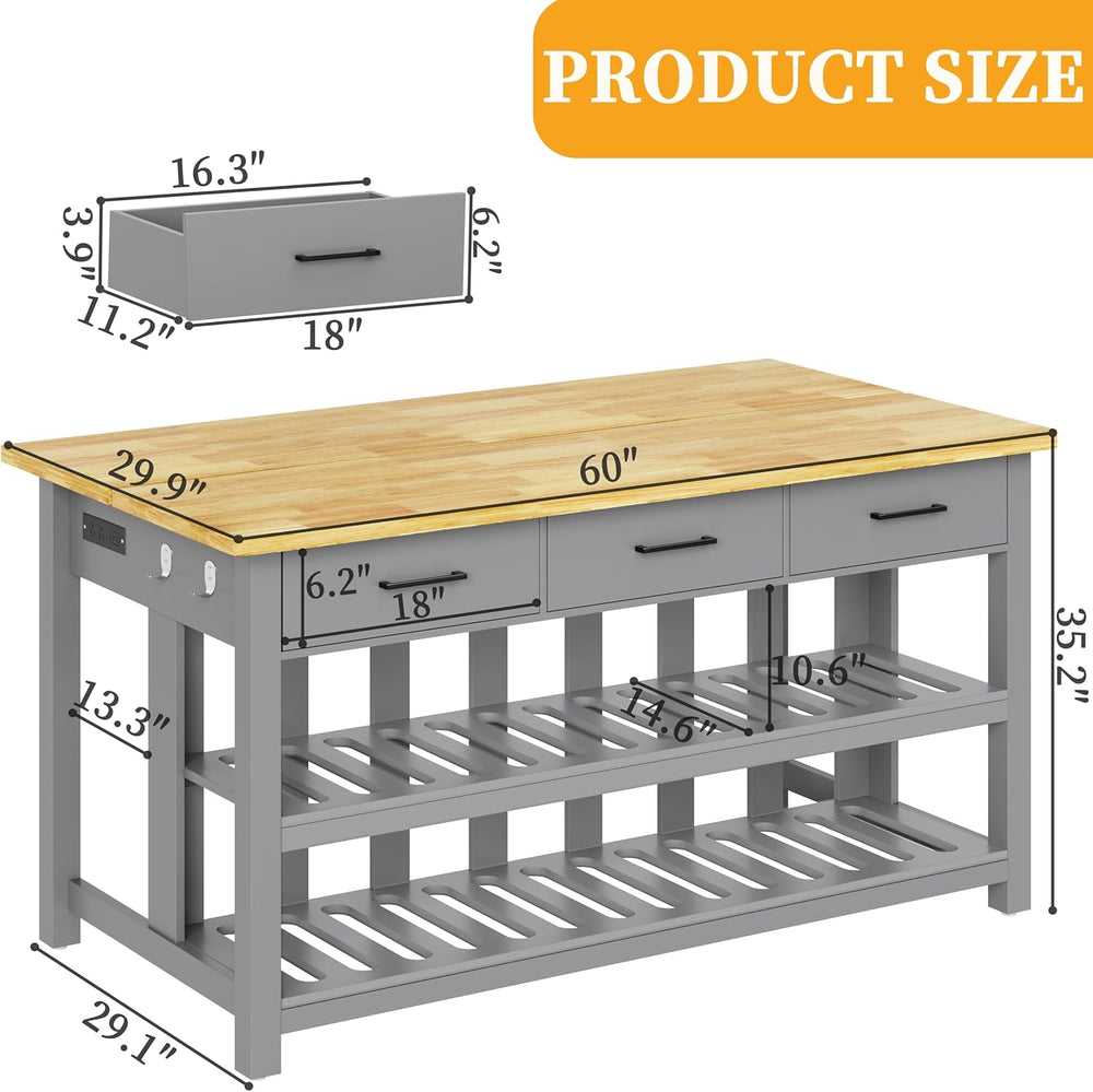 DynJest 60" Solid Rubberwood Kitchen Island with Power Outlets, Hooks, Grey