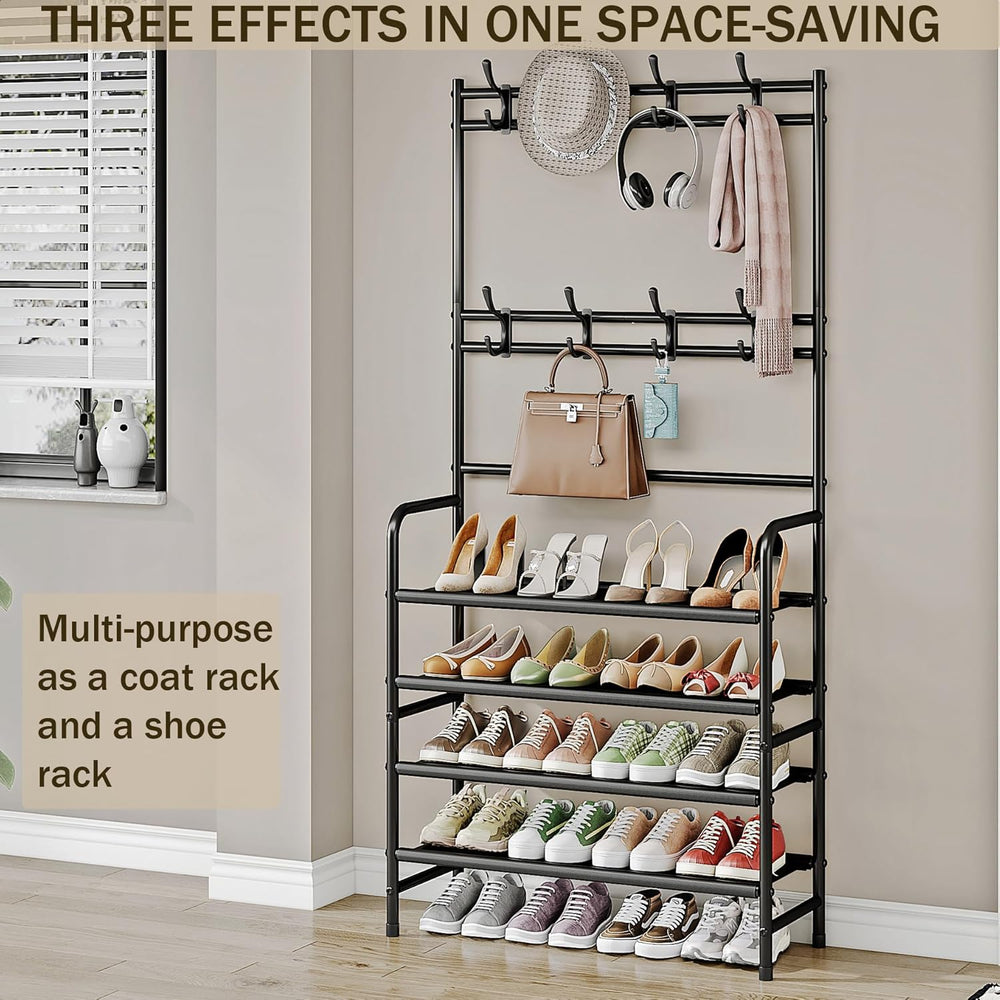 Coat Rack Shoe Rack With Storage Hooks Standing Organizer 4 Tier