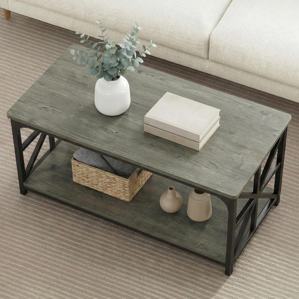 COSTWAY 43" 2-Tier Industrial Coffee Table with Storage, Grey Oak+Black