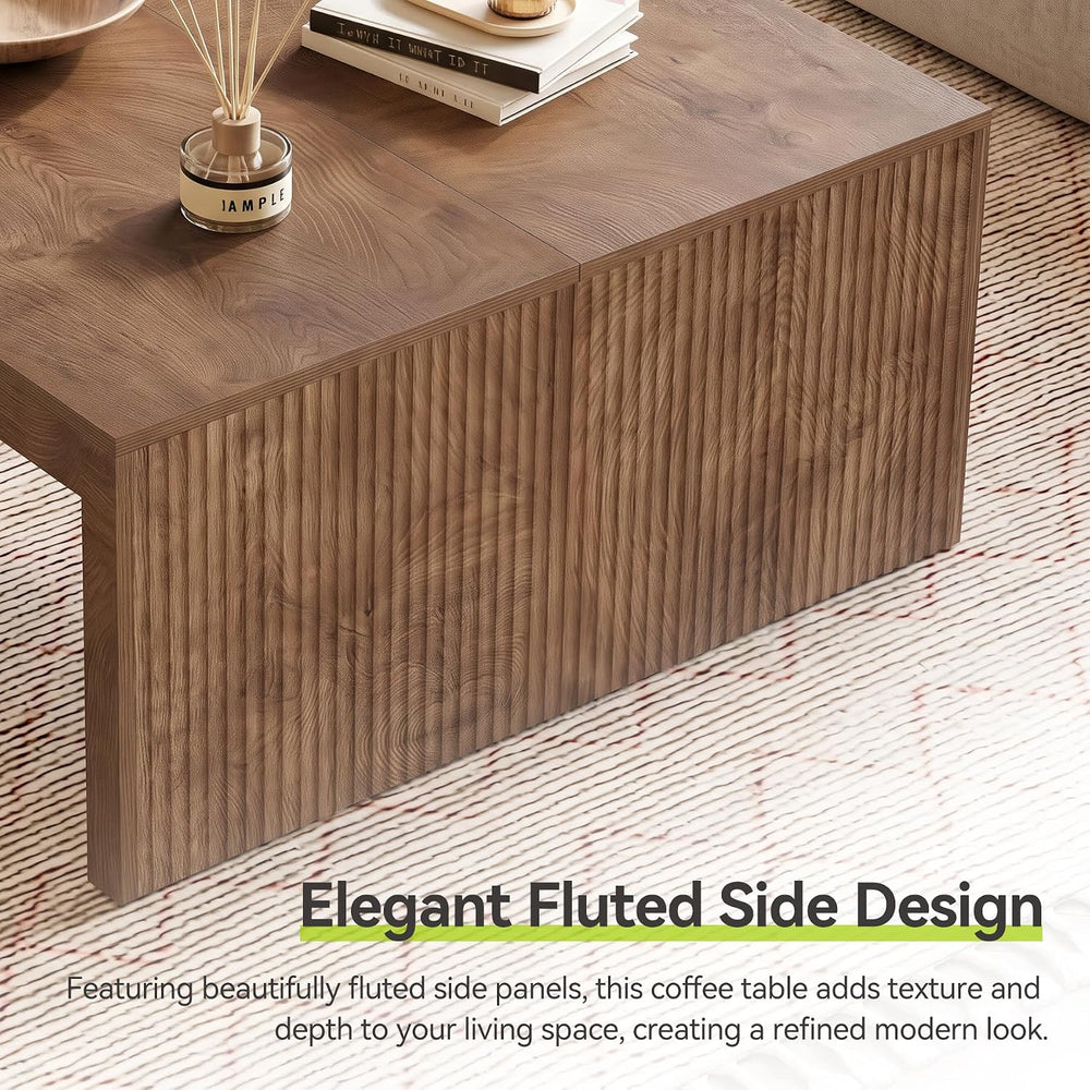 LITTLE TREE 39.4" Square Fluted Coffee Table, Mid-Century Modern Brown C...