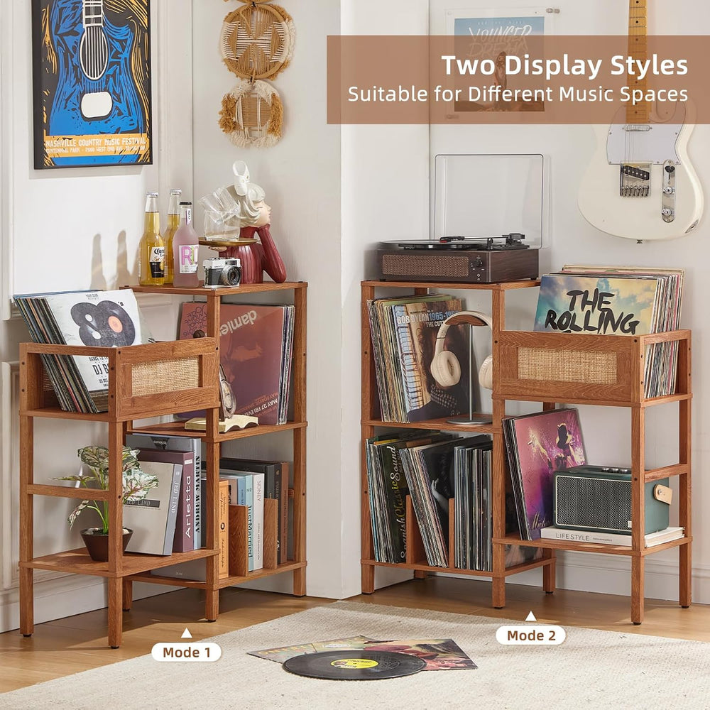 LELELINKY Record Player Stand, Brown Wood Record Holder with Vinyl Storage Ho...