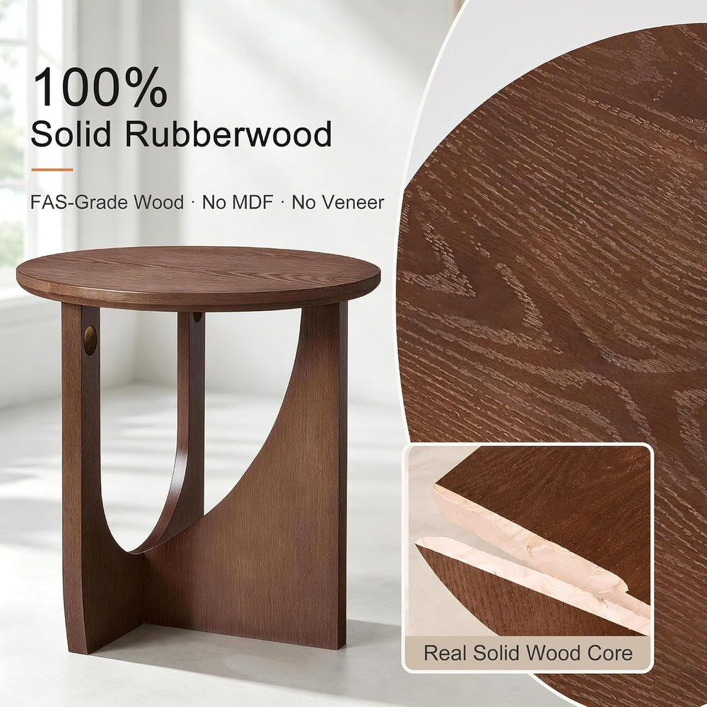 Round Side Table, 19.7" Solid Wood End Table, Mid Century Modern, Walnut