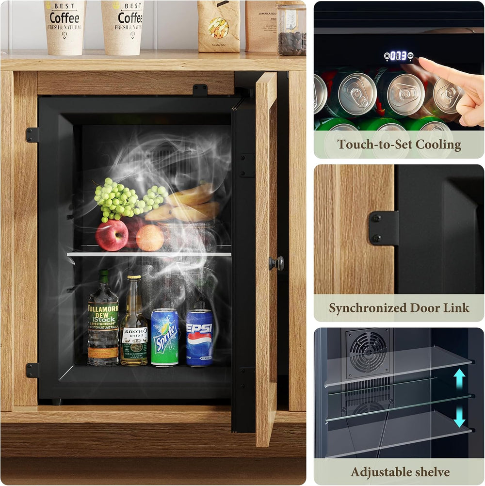 LUXOAK 60" Coffee Bar Cabinet with Beverage Fridge (Included), Oak