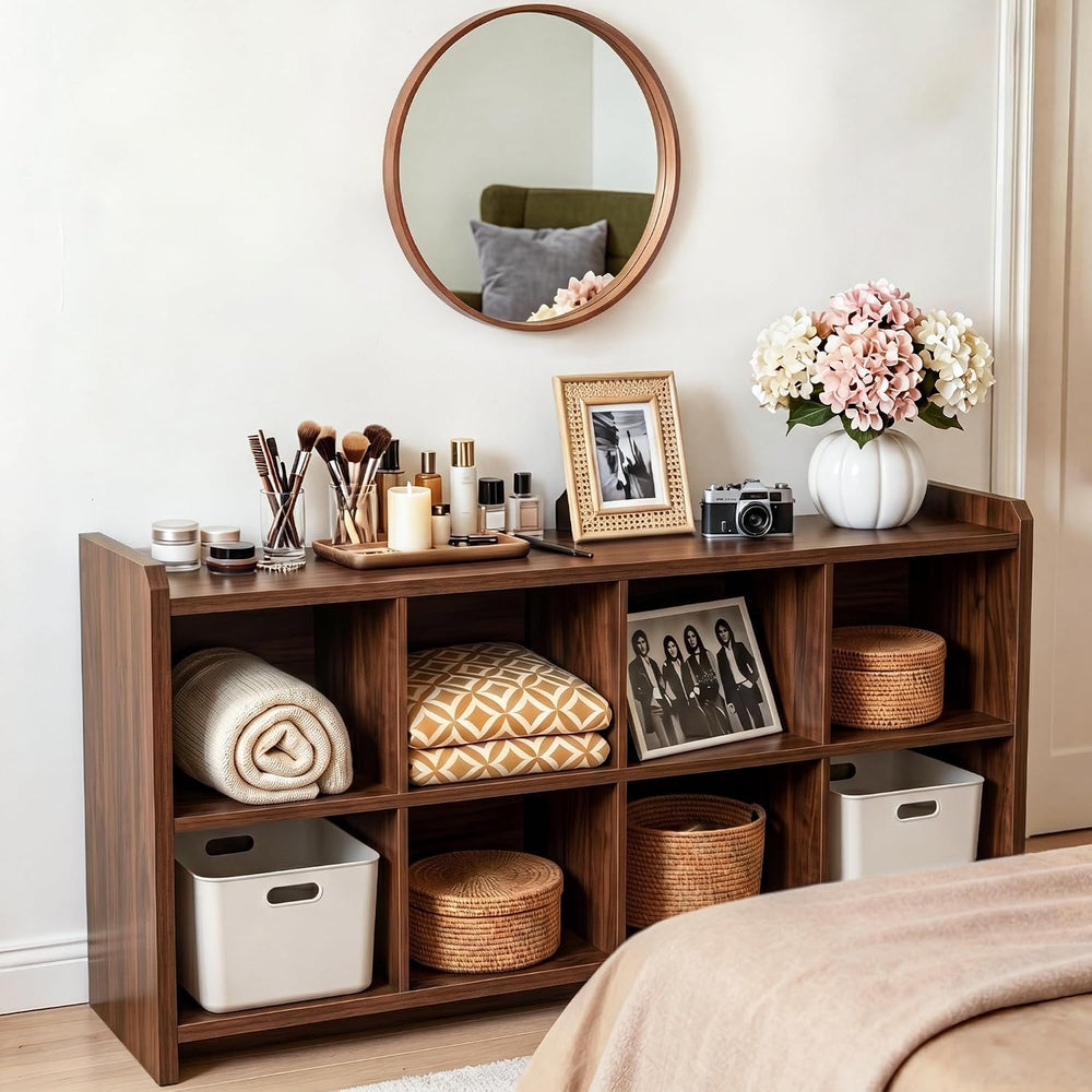 8 Cube Low Storage Organizer, 63" Long Horizontal Bookshelf, Walnut