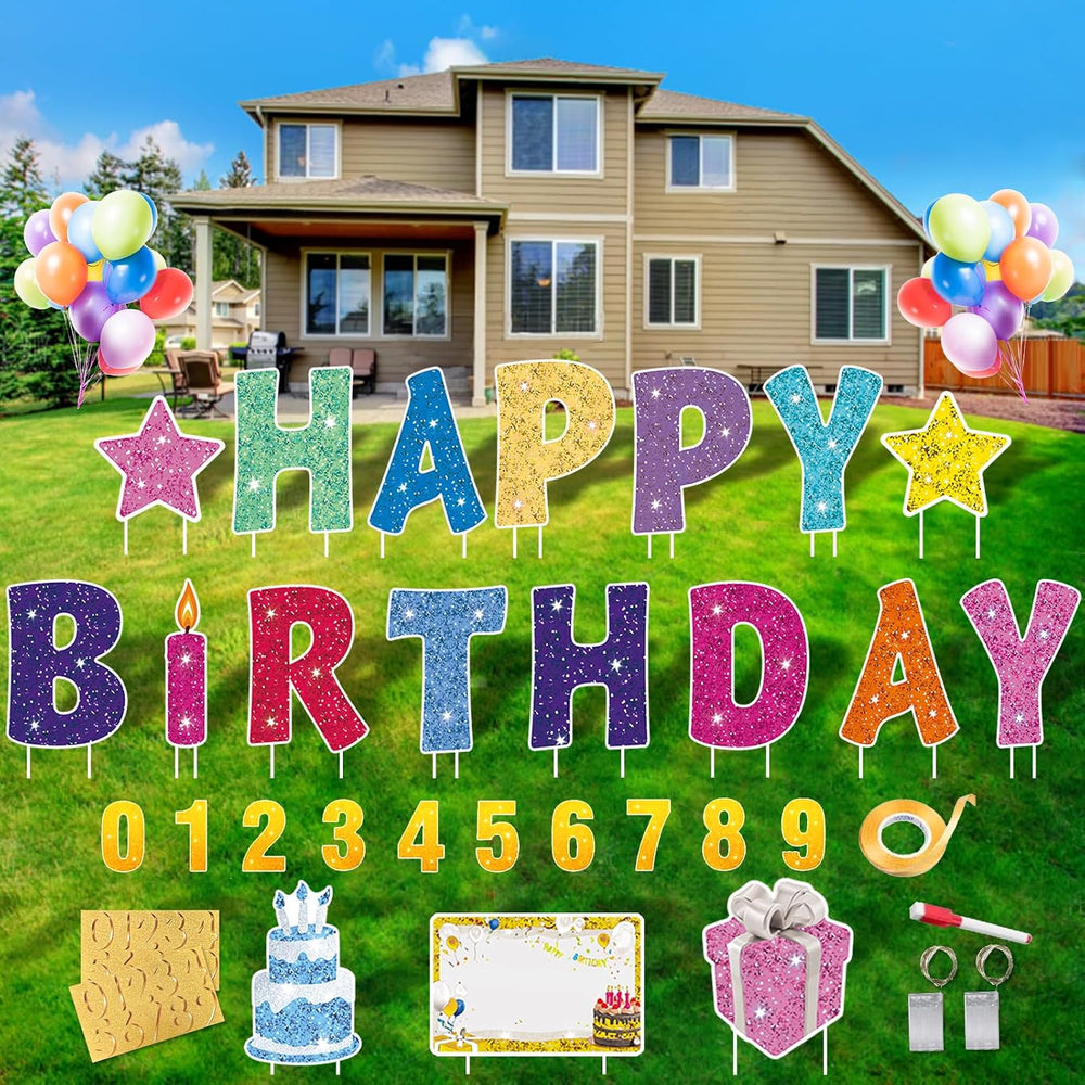 18Pcs Happy Birthday Yard Sign with Stakes,Led Light,16" Lawn Decor