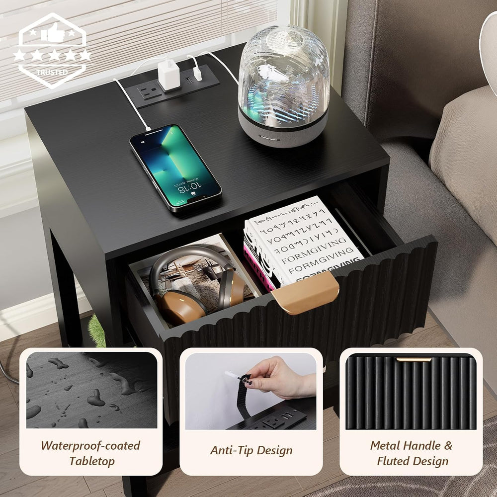 Nasonet Night Stand Set 2, Fluted Nightstand with Charging Station, Wood Beds...