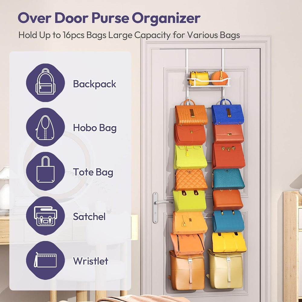 SWTYMIKI Over The Door Purse Organizer - Wall Mounted Purse Rack with 16 Hook...