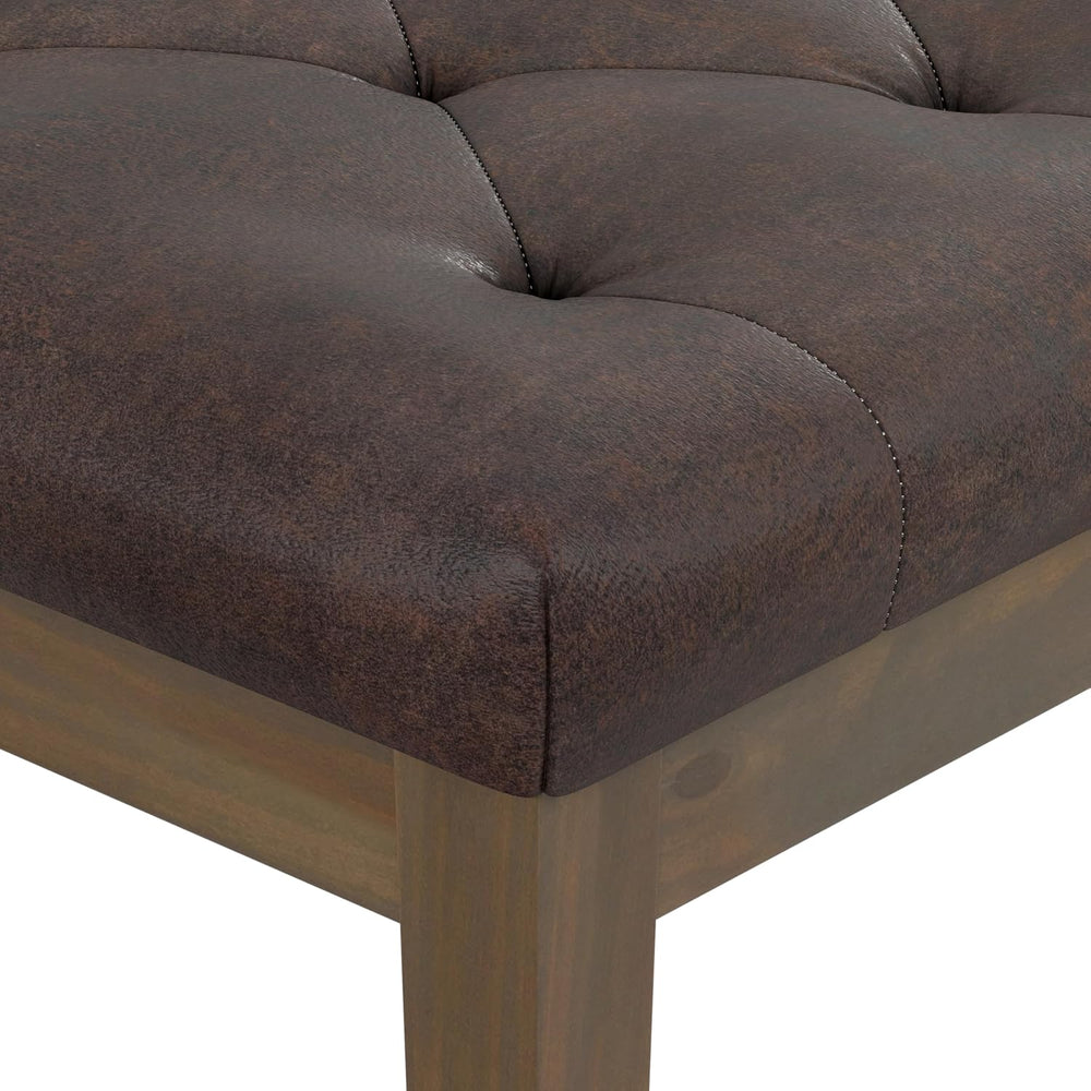 SIMPLIHOME Waverly 48" Wide Vegan Leather Rectangle Ottoman in Brown
