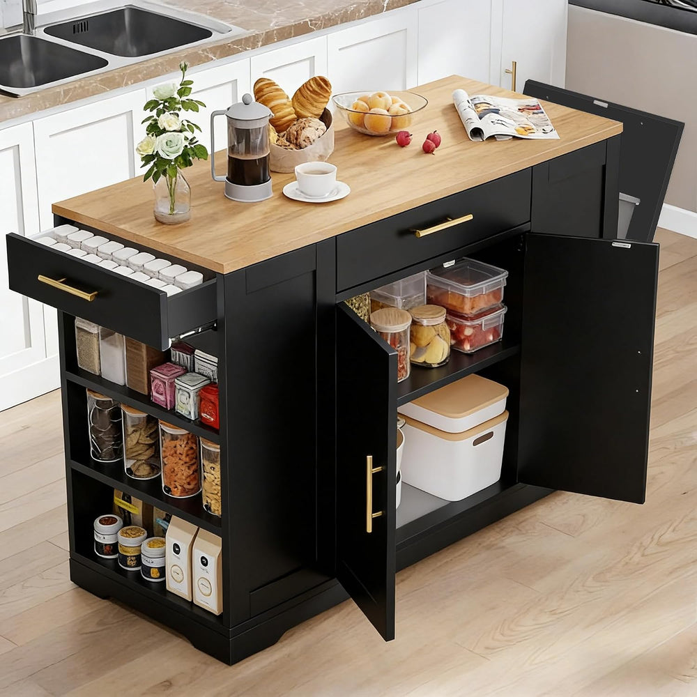 YITAHOME 53 Inch Movable Kitchen Island with Trash Can Storage Cabinet