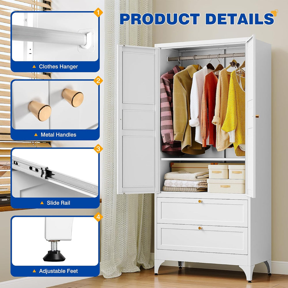 BYNSOE 71" Tall Metal Wardrobe Closet with 2 Drawers, Steel Armoire Cabi...