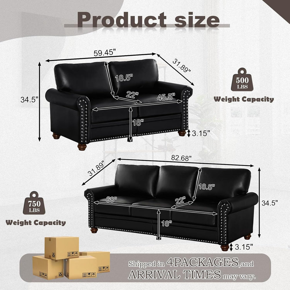 2 Piece Faux Leather Sofa Set,Modern Couch and Loveseat Sets with Storage,Mid...