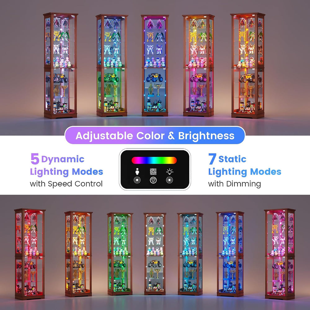LVSOMT 71“ Tall Bar Cabinet with RGB Lights & Glass Doors, 7-Tier, Wood