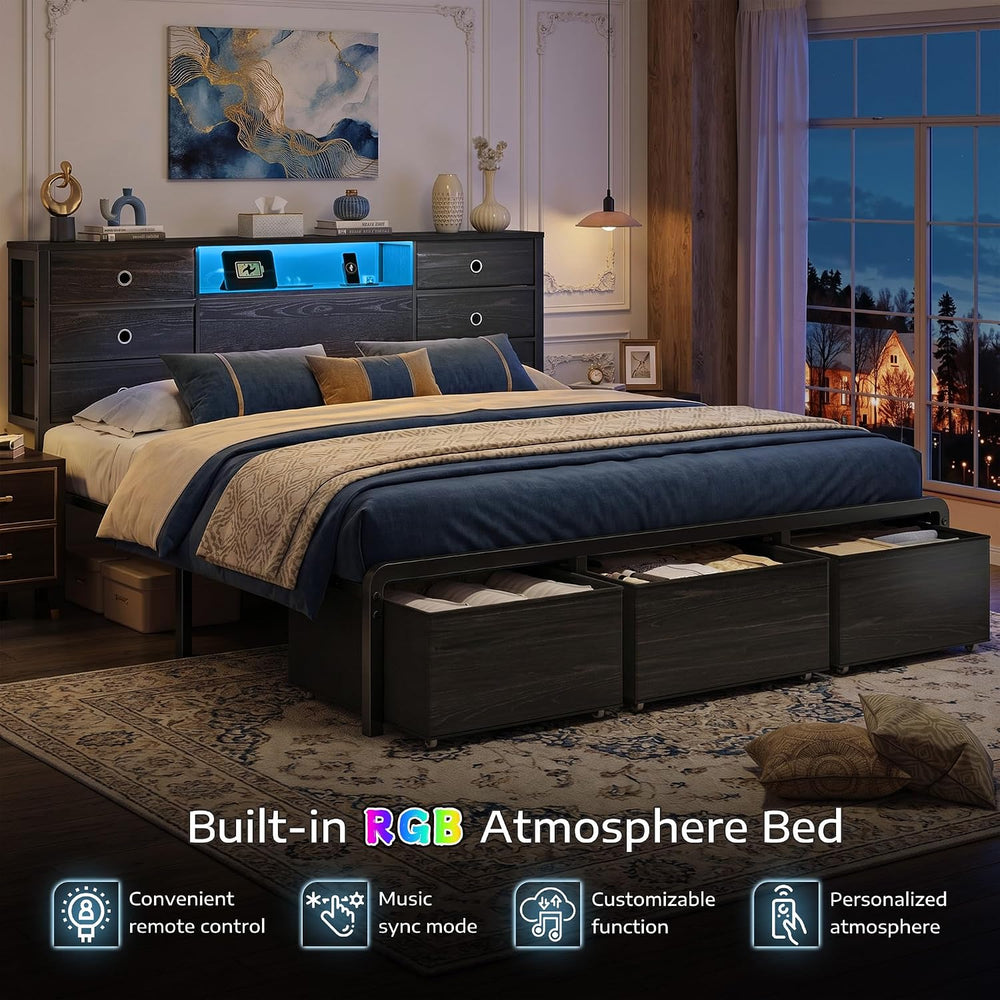 Homkdom King Size Bed Frame with 9 Drawers and Charging Station,Black
