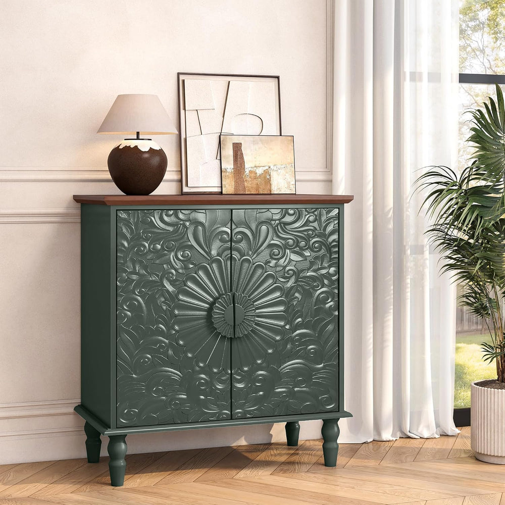 Accent Cabinet with 2 Embossed Flowers Doors for Living Room