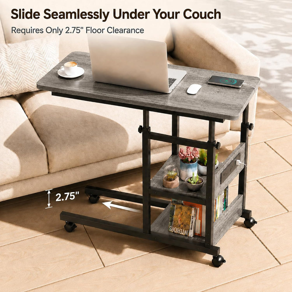 Rolling C Shaped End Table with Charging Station for Couch, Height Adjust