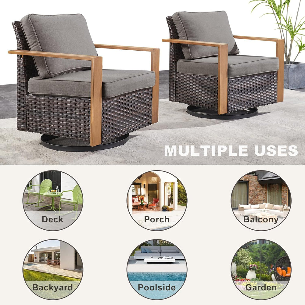 4 Pieces Outdoor Wicker Swivel Rocker Chairs with Ottoman, Grey Cushion