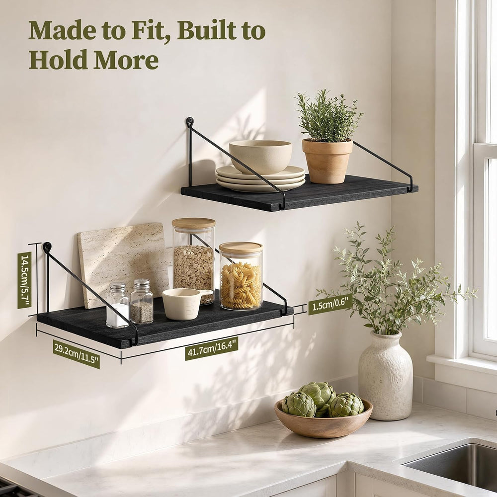 Afuly 12 inch Deep Floating Shelves for Wall, Black Wide Shelf, Solid Wood