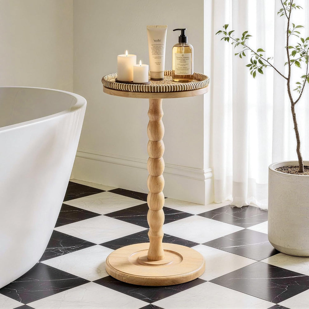 Rattan Round Side Table, Rubberwood Small Drink Table for Small Spaces
