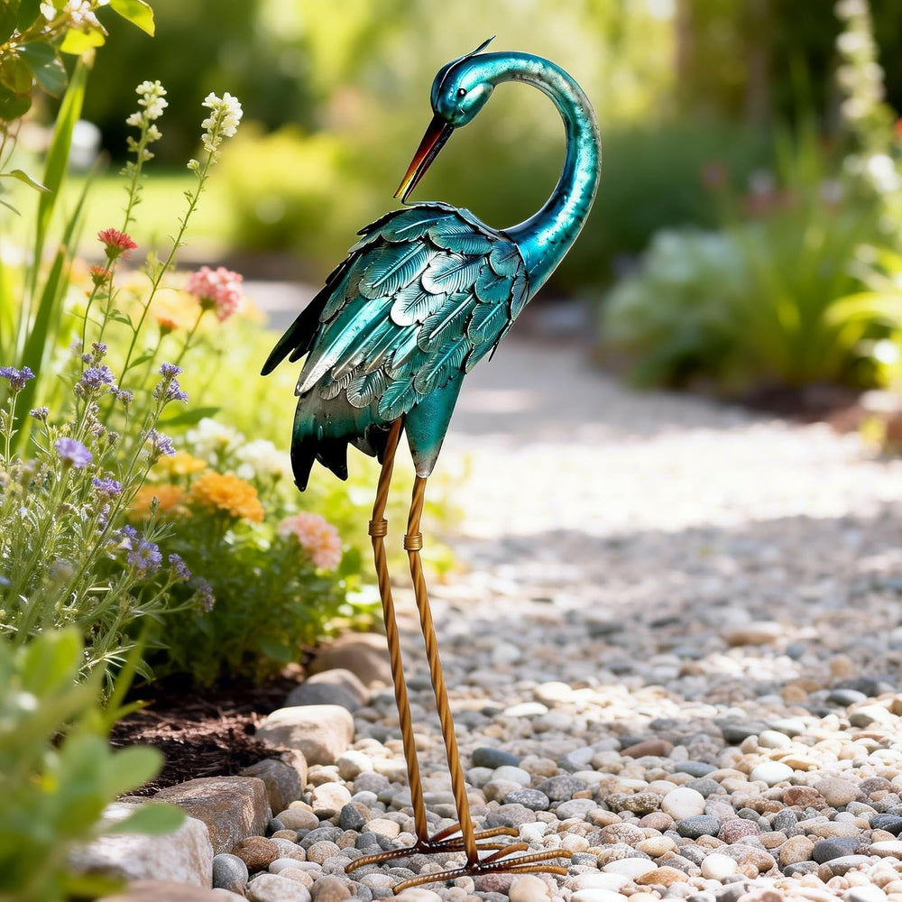 chisheen Crane Garden Statues, Metal Garden Crane Outdoor, Blue Heron Sculptu...