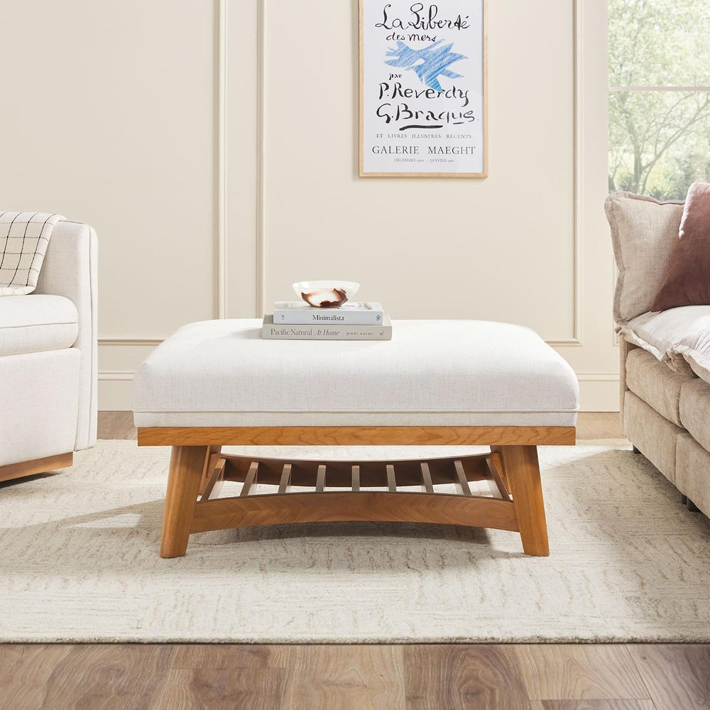 Walker Edison Nash Modern Farmhouse Large Oversized Linen Ottoman, Cream