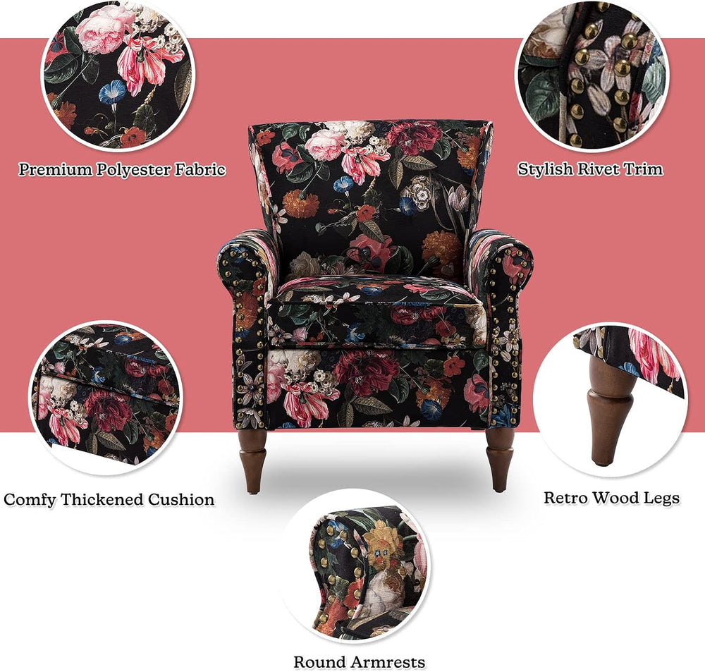 HULALA HOME Traditional Floral Accent Chair with Solid Wood Legs, Black