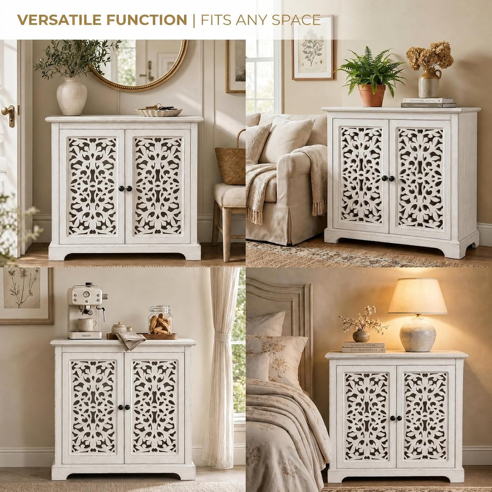 31.5" White Accent Cabinet with Carved 2-Door Storage