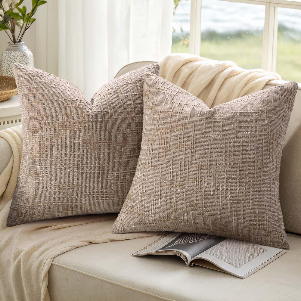 decorUhome Textured Chenille Throw Pillow Covers 24x24 Set of 2 Oatmeal