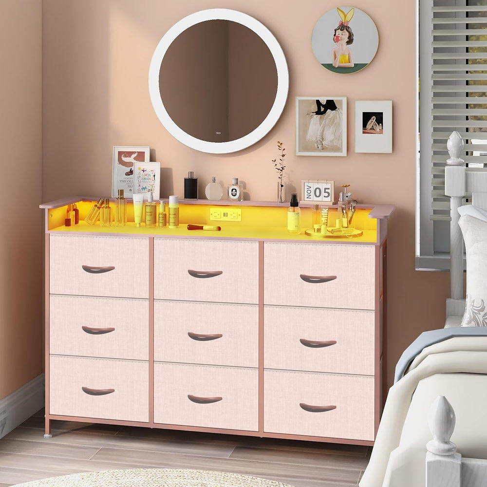 EXOTICA Pink Dresser with LED Light for Girls Bedroom 9 Drawer Dressers with ...