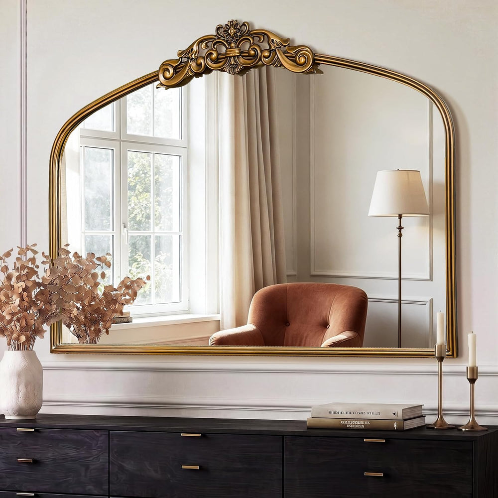 Vintage Gold Mirror, 40"x29" Arched Antique Gold Wall Mirror Baroque
