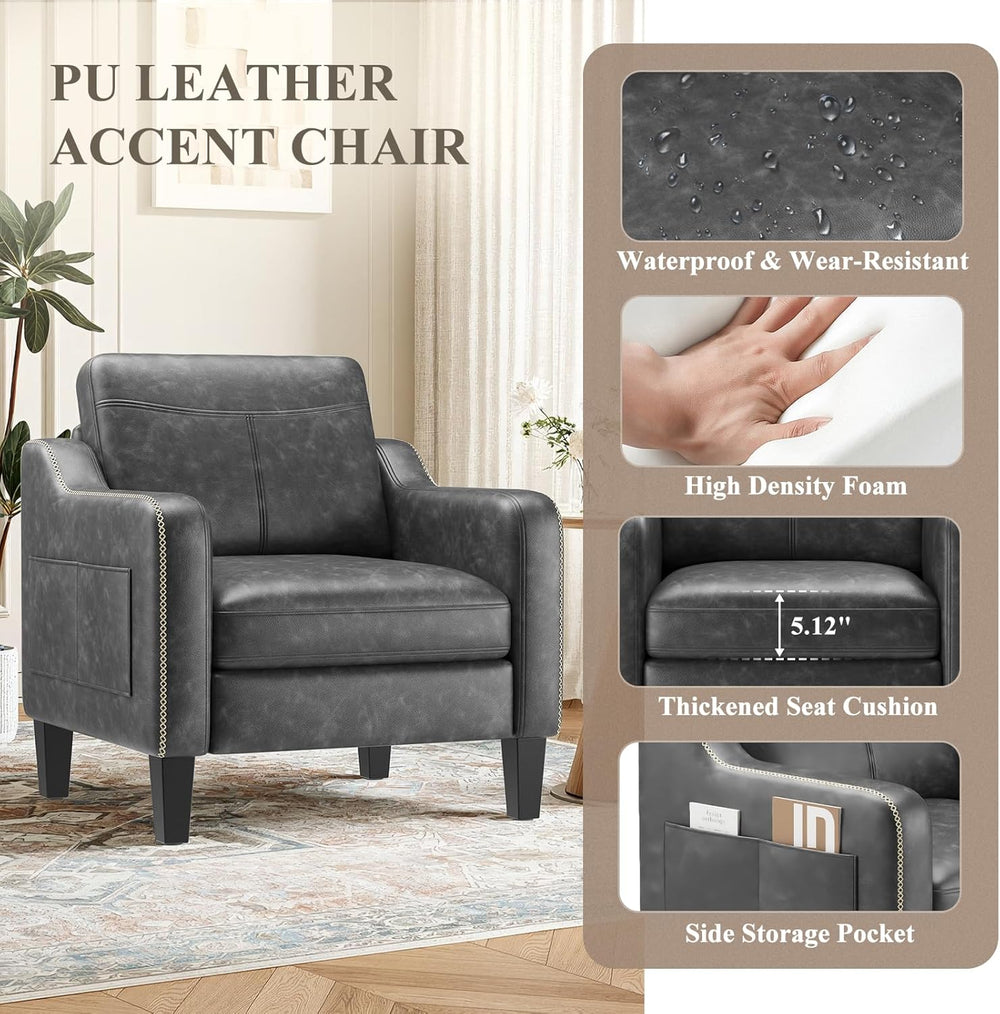 MALOL PU Leather Accent Chair with Solid Wood Frame, Black