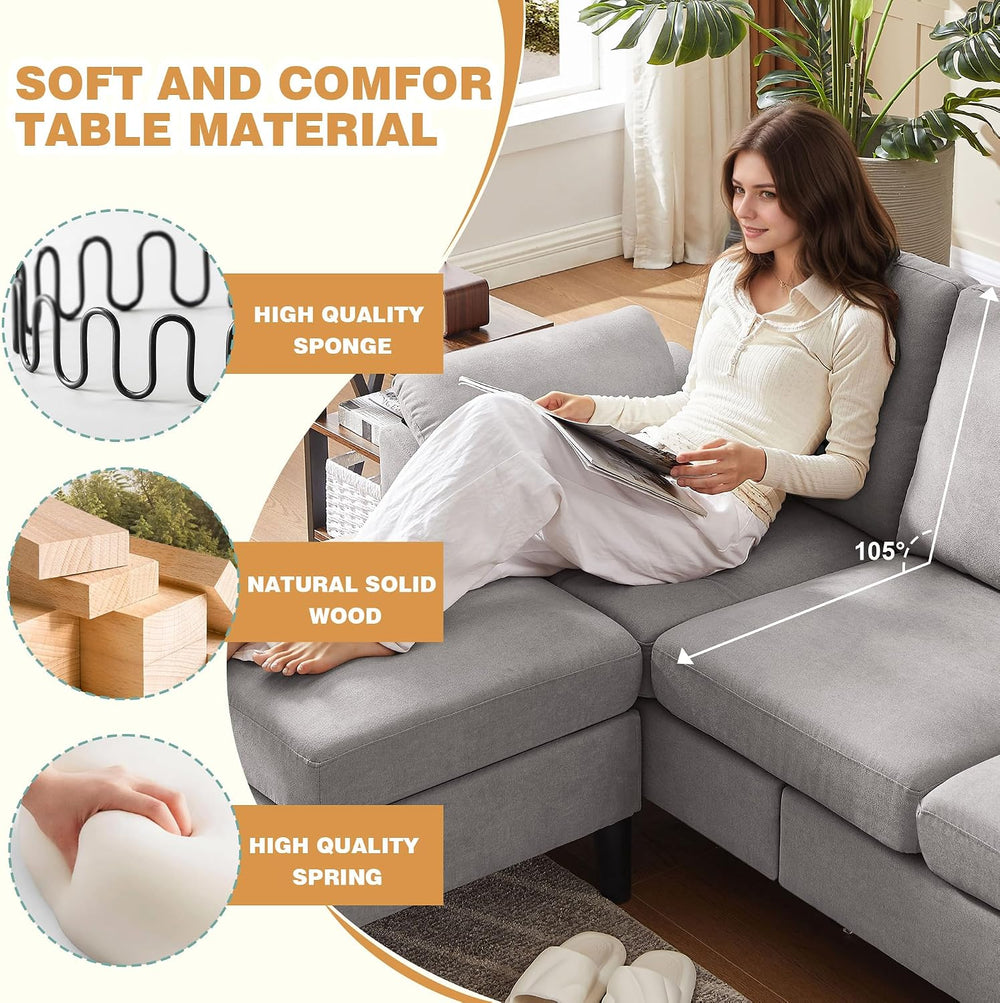 3 Piece Convertible Sectional Sofa Set, Modern Linen Small L Shaped Couch wit...