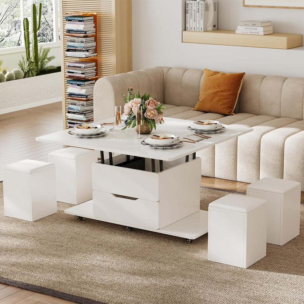 homary White Lift Top Coffee Table with Hidden Storage, 3 in 1 Multi-Function...