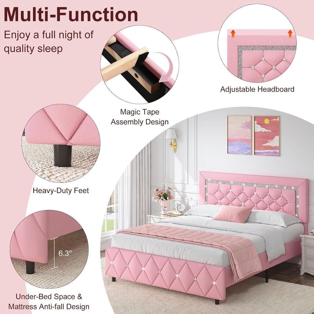 HOMBCK Full Size Bed Frame, Upholstered Platform Bed with Headboard, Pink