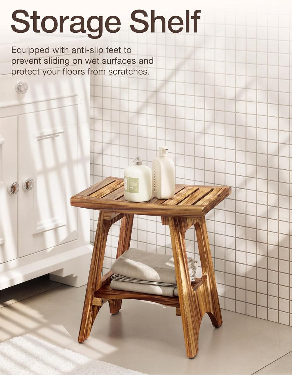 HOLANA 18" Teak Shower Bench, 450 LBS Capacity with Built-in Storage Shelf