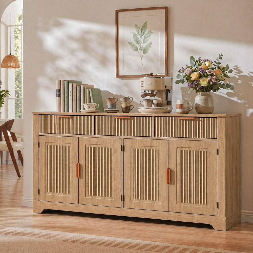 DWVO 59" Fluted Buffet Cabinet with Storage Natural Oak