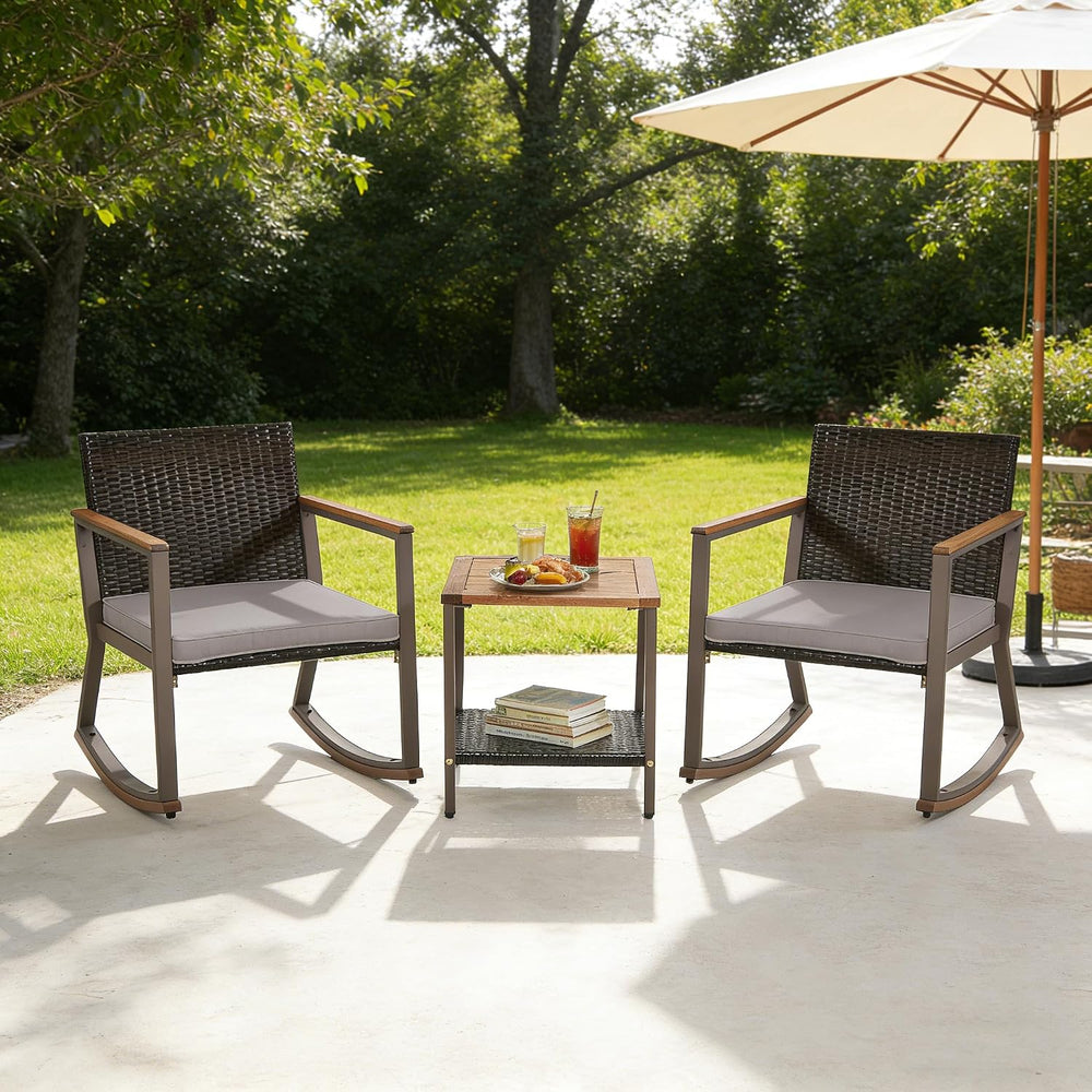 COSTWAY 3 Pieces Patio Rocking Bistro Set, Outdoor Wicker Acacia Wood Sets
