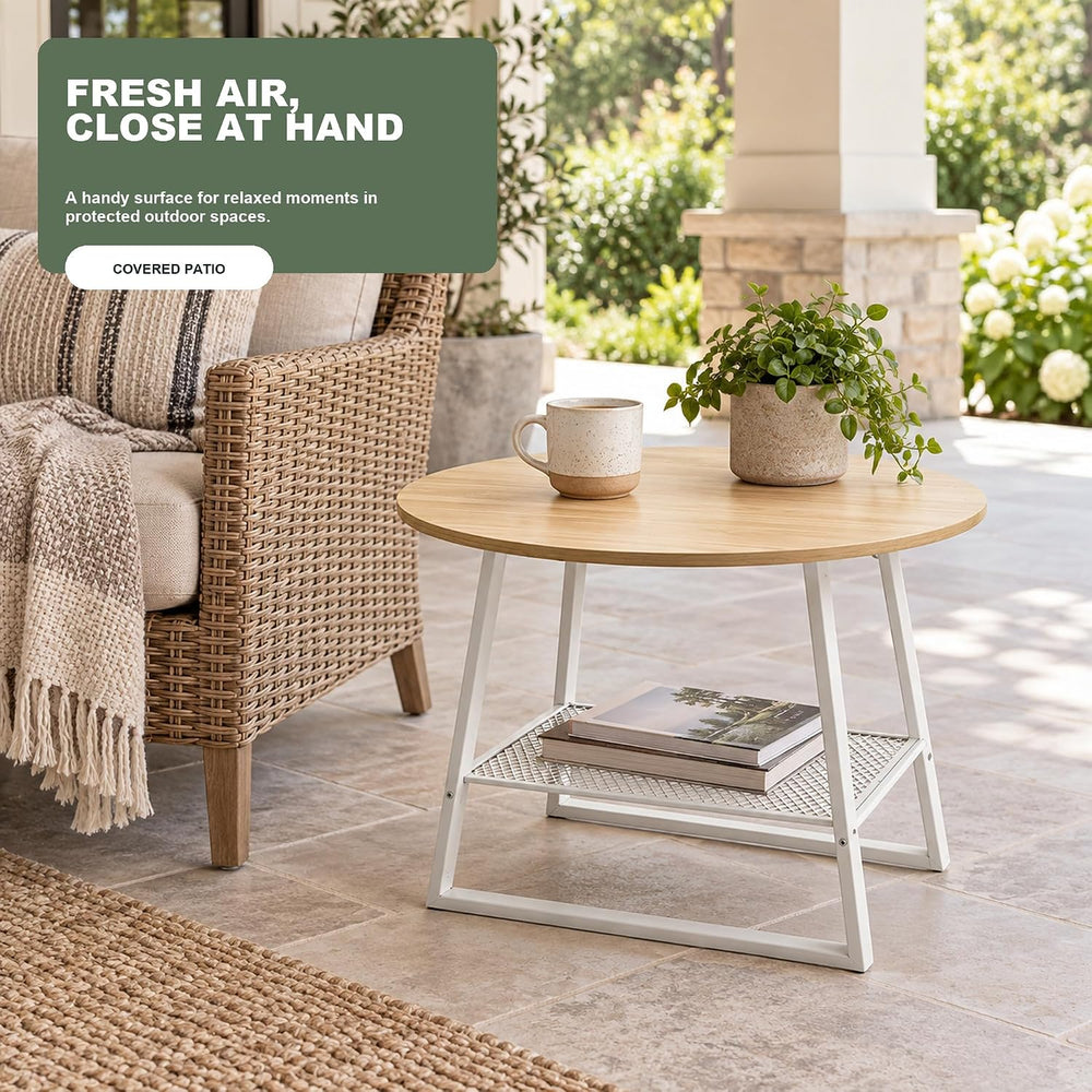 Lightdot 2‑Tier Round Side Table, Walnut End Table with Metal Mesh Shelf