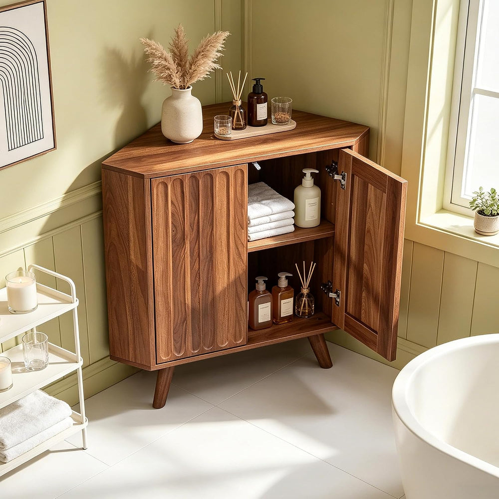 Janmer Home Fluted Corner Storage Cabinet, Small Corner Shelf, Walnut