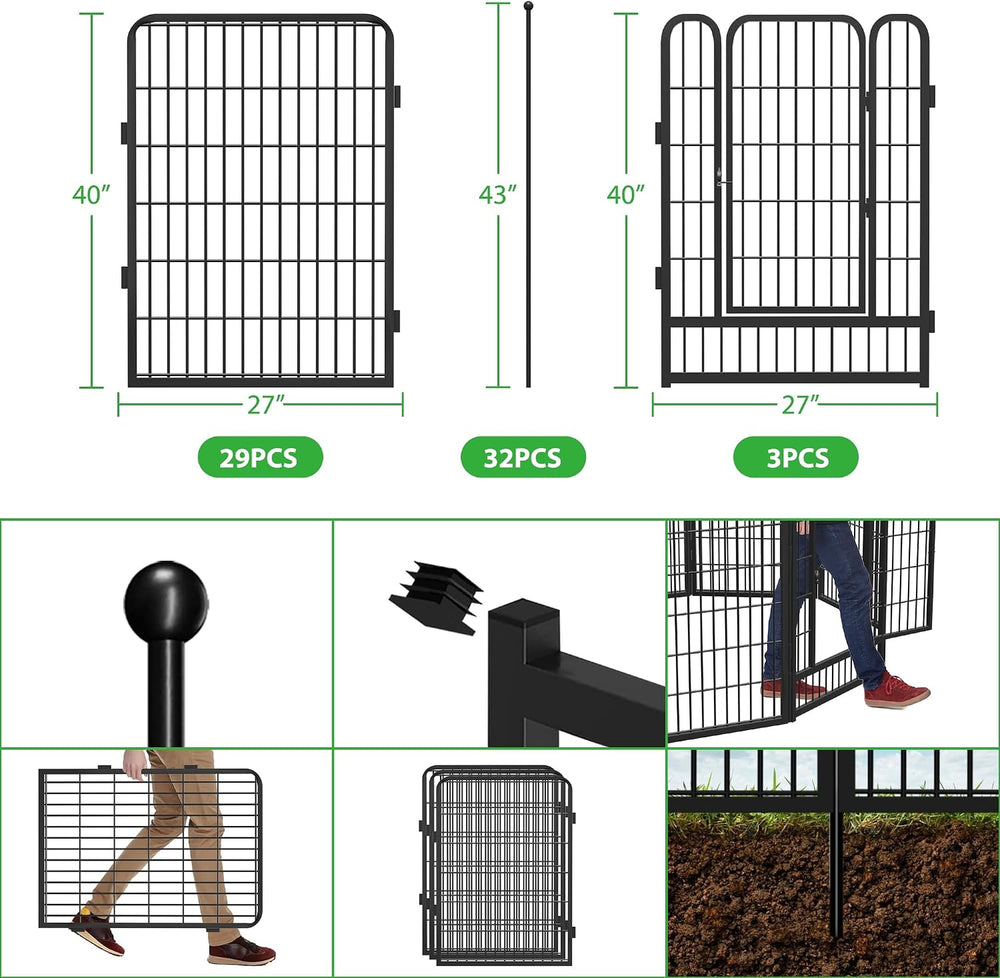 Decorative Garden Fence 32 Pack Black Metal Fence Panels 40in(H) x72ft(L) Tem...