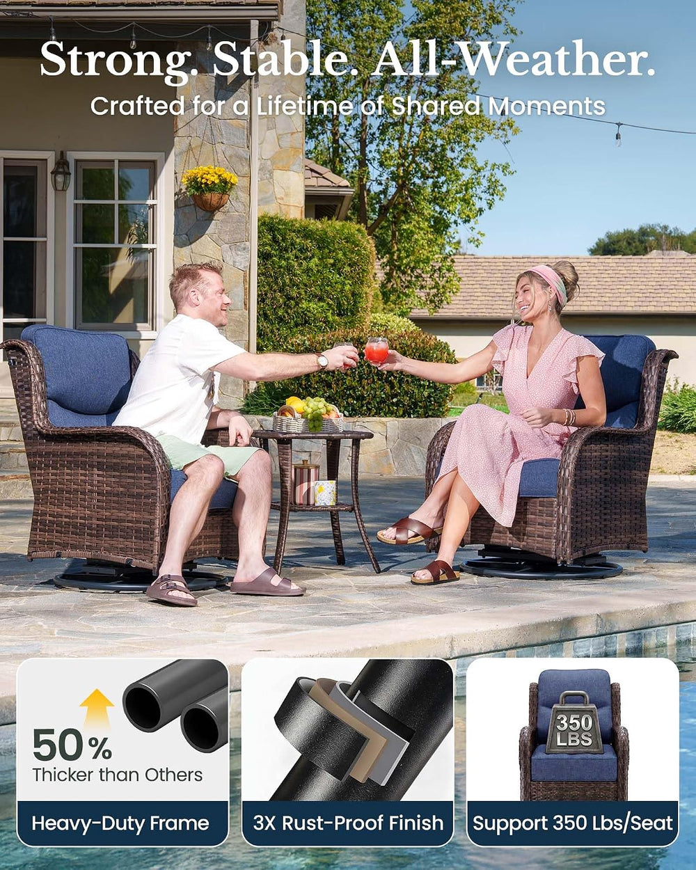 HILLGA 3-Piece Luxury Patio Furniture Set with 6" Thick Cushions, Weathe...