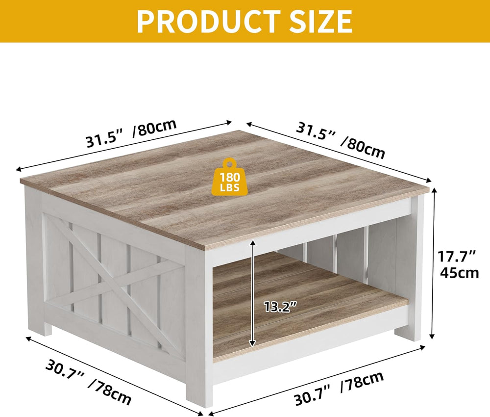 DWVO Square Farmhouse Coffee Table with 2-Tier Storage, Grey Wash