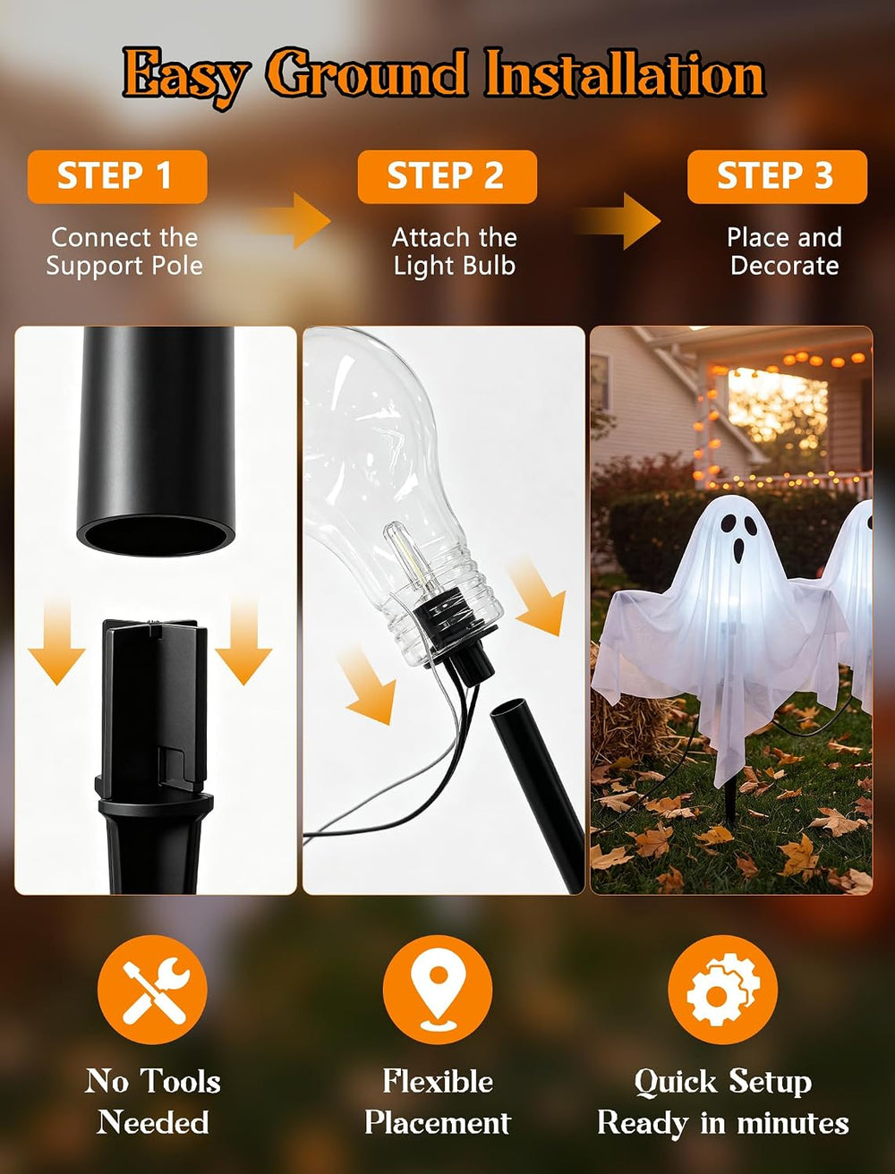 11.5FT Halloween Ghost Pathway Lights Outdoor, 4 Pack LED Lawn Stake Lights