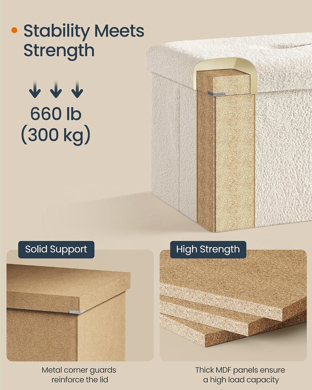 SONGMICS Large Folding Storage Ottoman Bench, 15 x 43 x 15 Inches