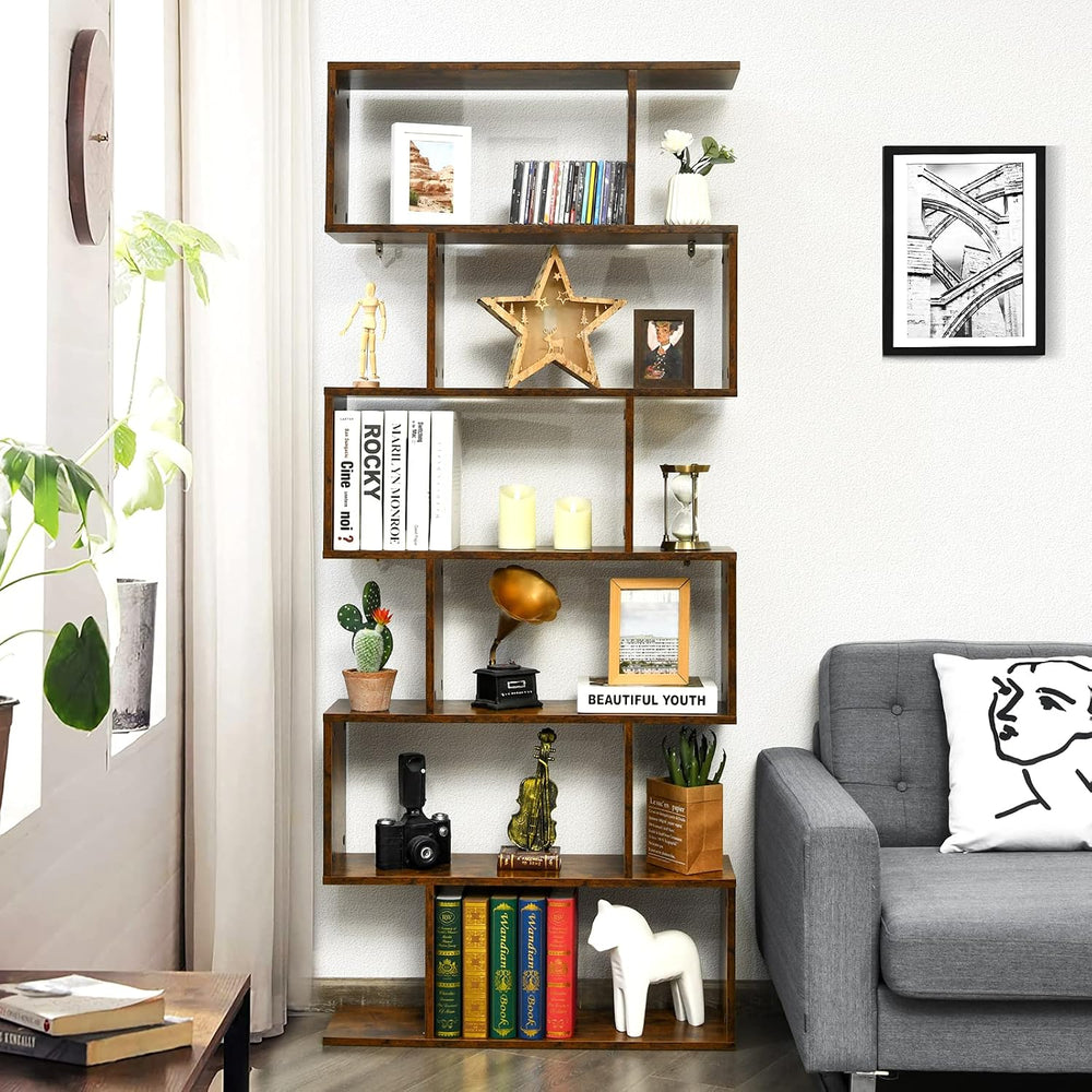 Tangkula 6 Tier S Shaped Bookshelf, 31.5''L x 9''W x 75'&...