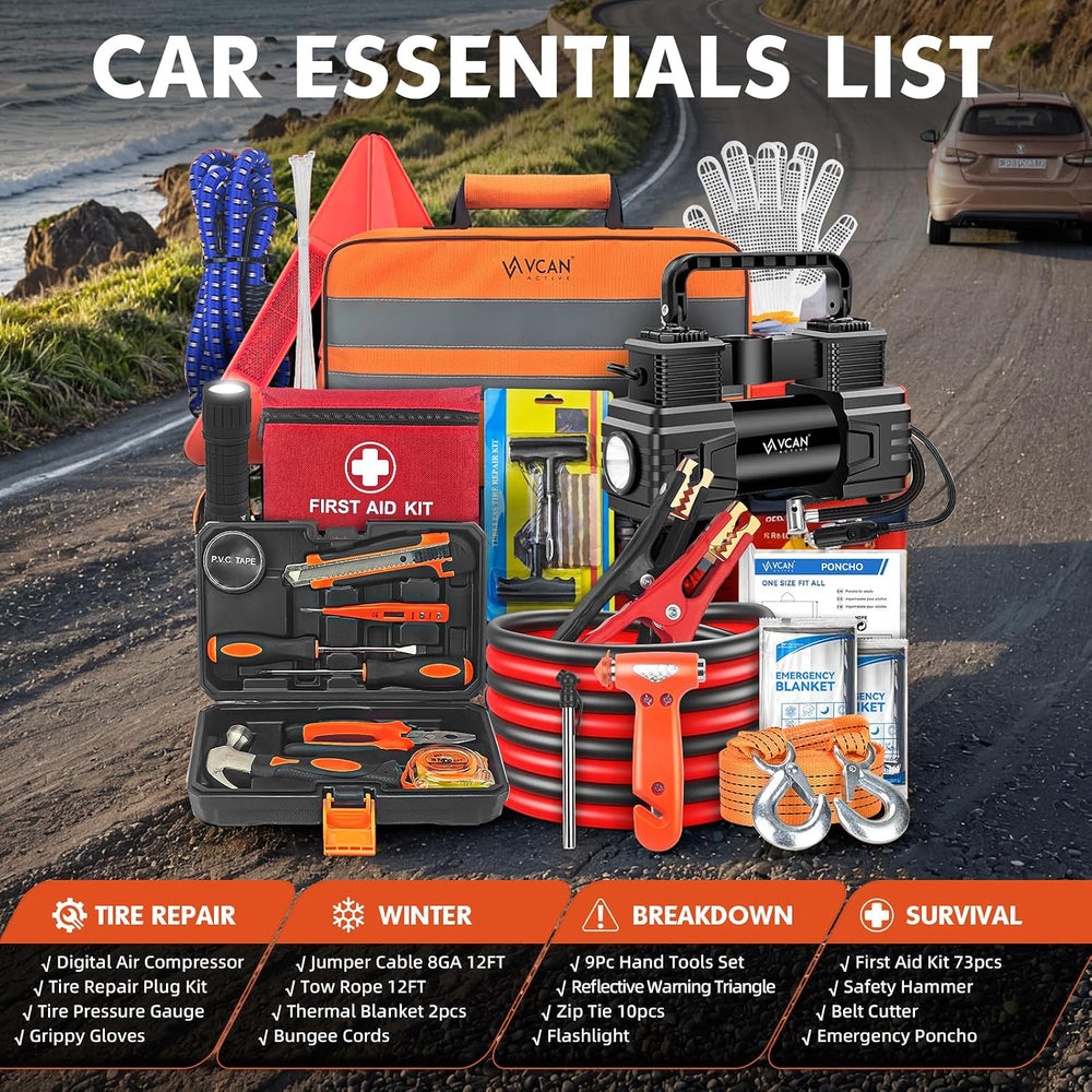 Car Emergency Kit with Portable Air Compressor, First Aid Kit, Jumper Cables,...