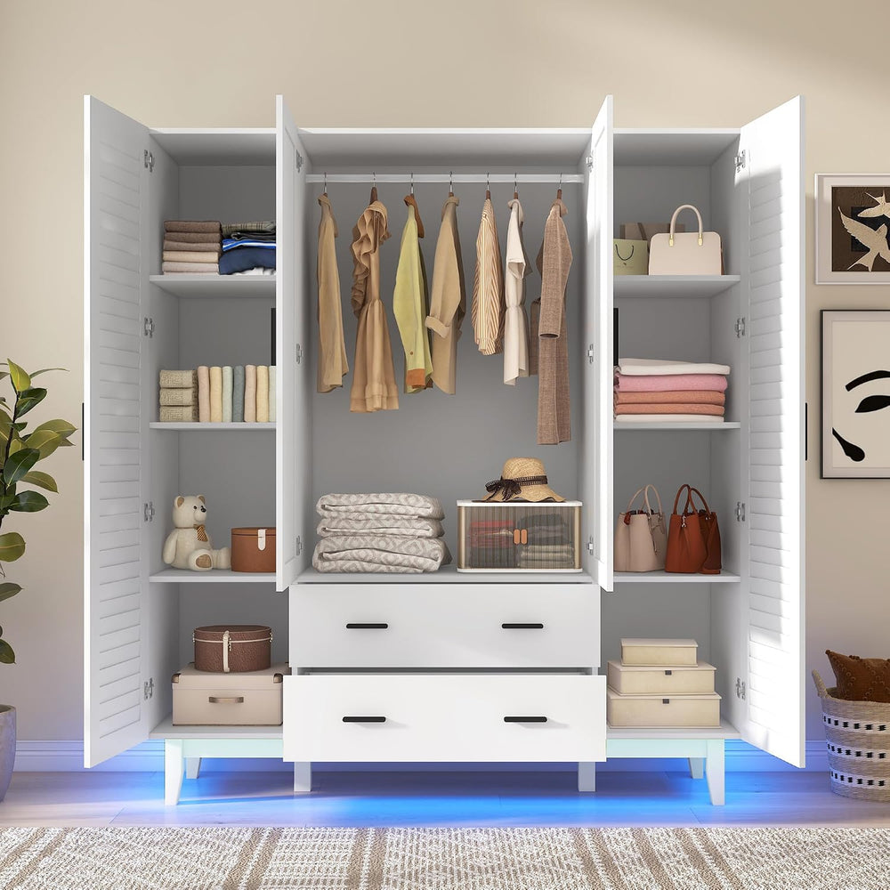jiteentarou 4 Door Armoire Wardrobe Closet Cabinet with Drawers and LED Light...