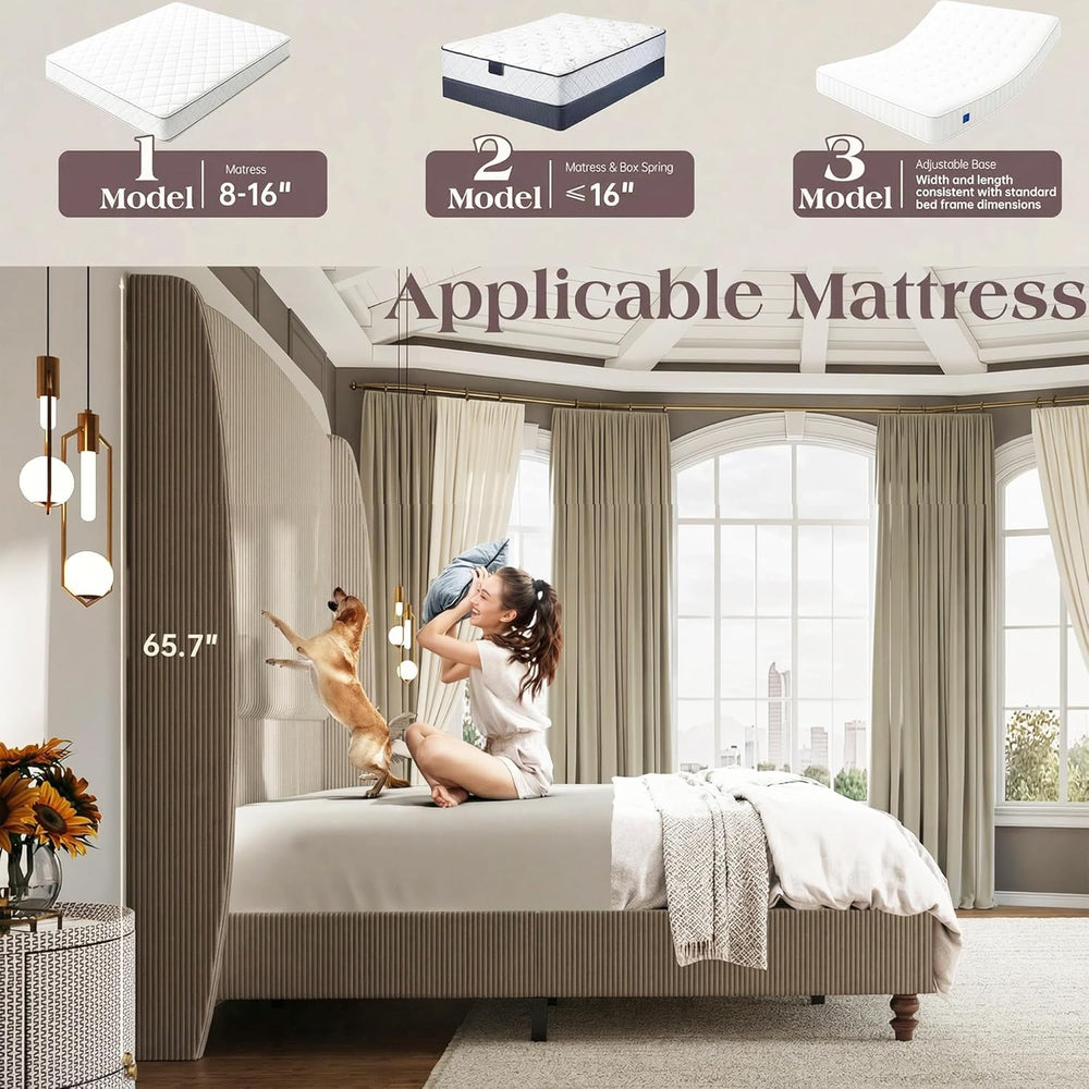 King Size Upholstered Platform Bed Frame with 66" Tall Headboard, Gray