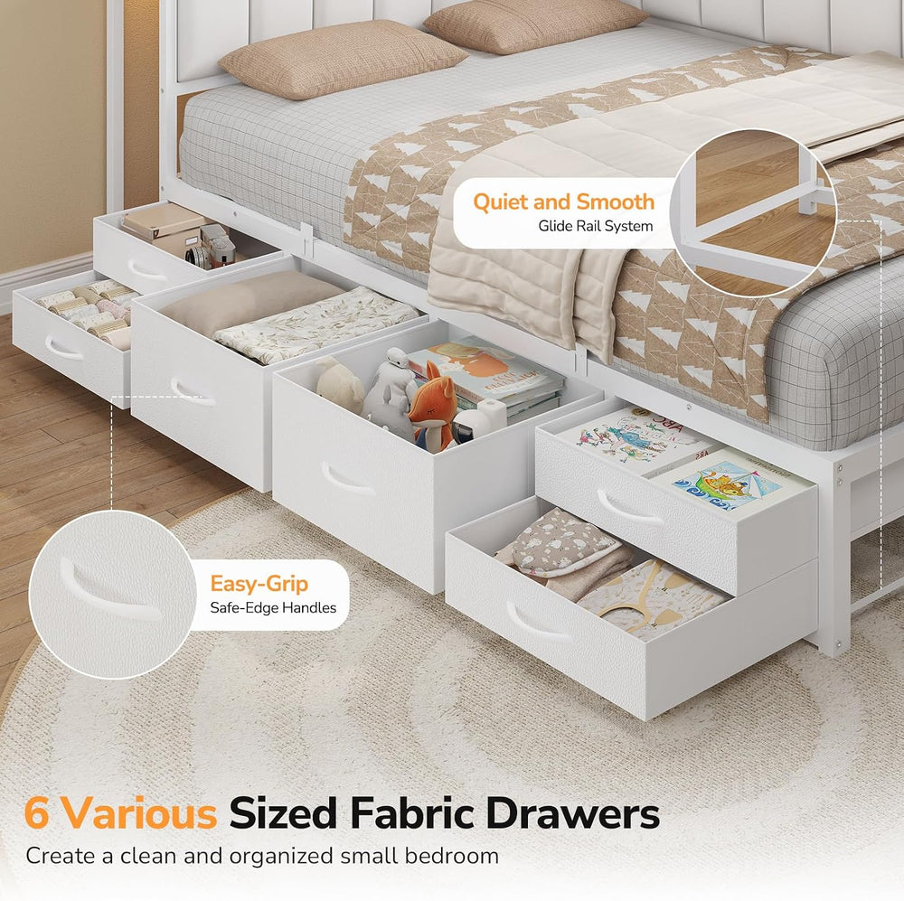 Corner Full Bed Frame with 6 Storage Drawers, Open Shelves,Charging Station