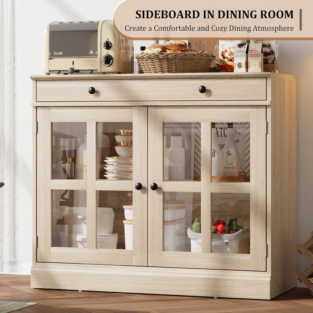 GarveeHome Modern 35.4" Sideboard Buffet Cabinet with Glass Door, Oak
