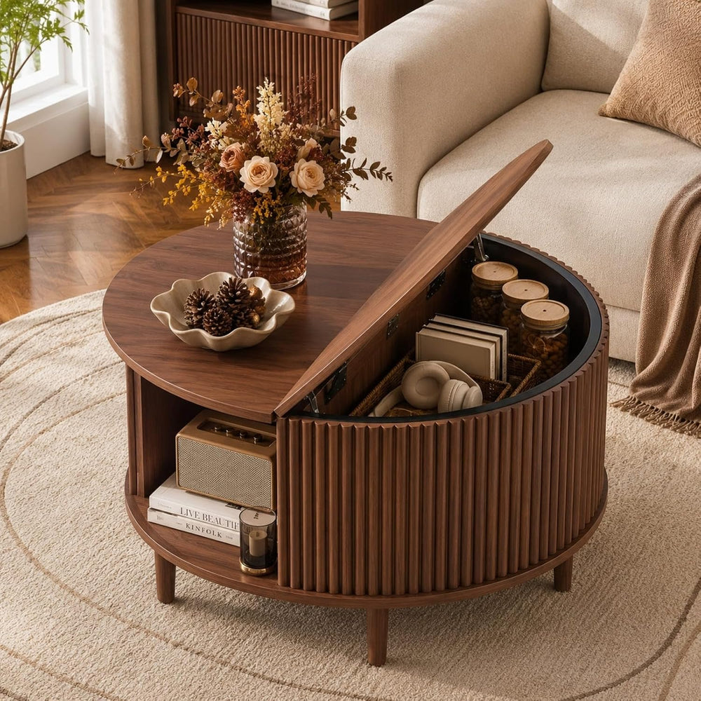 WLIVE 31.5" Round Coffee Table with Storage, Walnut Brown